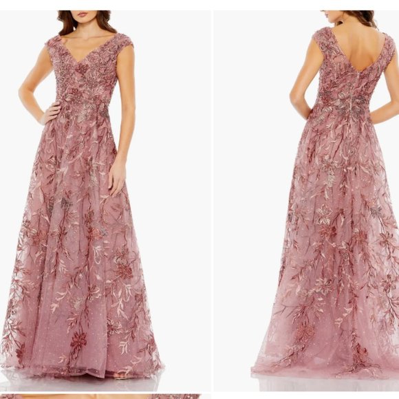 MAC DUGGAL 20263 FLORAL EMBROIDERED V-NECK TULLE CONNAMON GOWN sz 18 - Picture 1 of 4